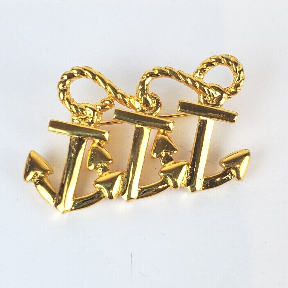 Gold Tone Metal 3 Anchors with Rope Sailing Boating Nautical Brooch Pin